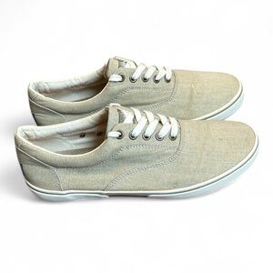 Margaritaville Islander Boat Shoe Men's 10 Tan Canvas Sneakers Lace Up